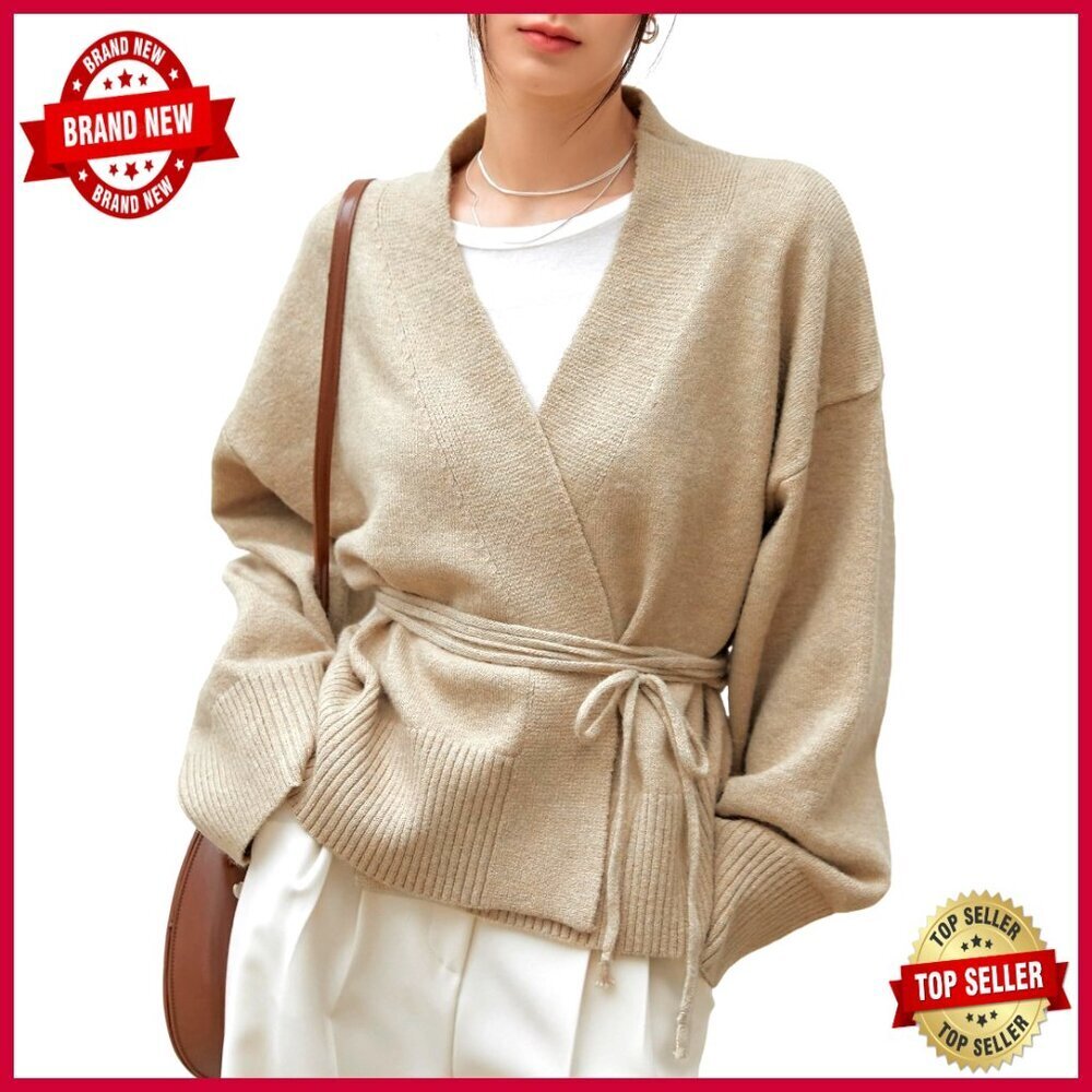 Long Sleeve Wrap V Neck Tie Front Belted Cardigan Casual Sweater